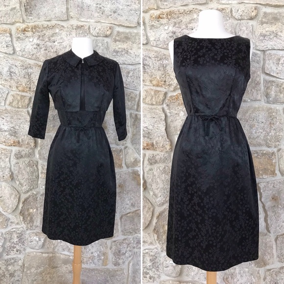 Vintage 50s Black Floral Brocade Dress Set with Kitten Bow Waist Audrey Hepburn - Picture 3 of 16